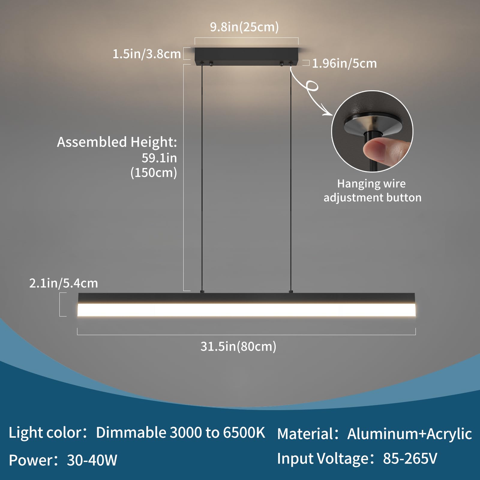 Mikeru Pendelleuchte esszimmer, 32W 80cm Esstischlampe hängend, Kronleuchter Dimmbar Mit Fernbedienung Hängelampe Esstisch, 1-150cm Esszimmerlampe Höhenverstellbar, Esszimmerlampe Schwarz