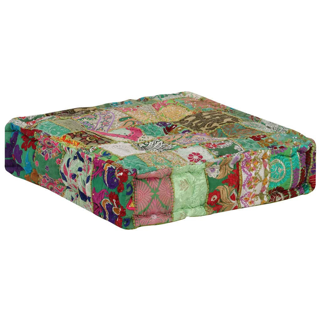 vidaXL Pouf Flickwerk Quadrat Baumwolle Handgefertigt 50×50×12 cm Grün