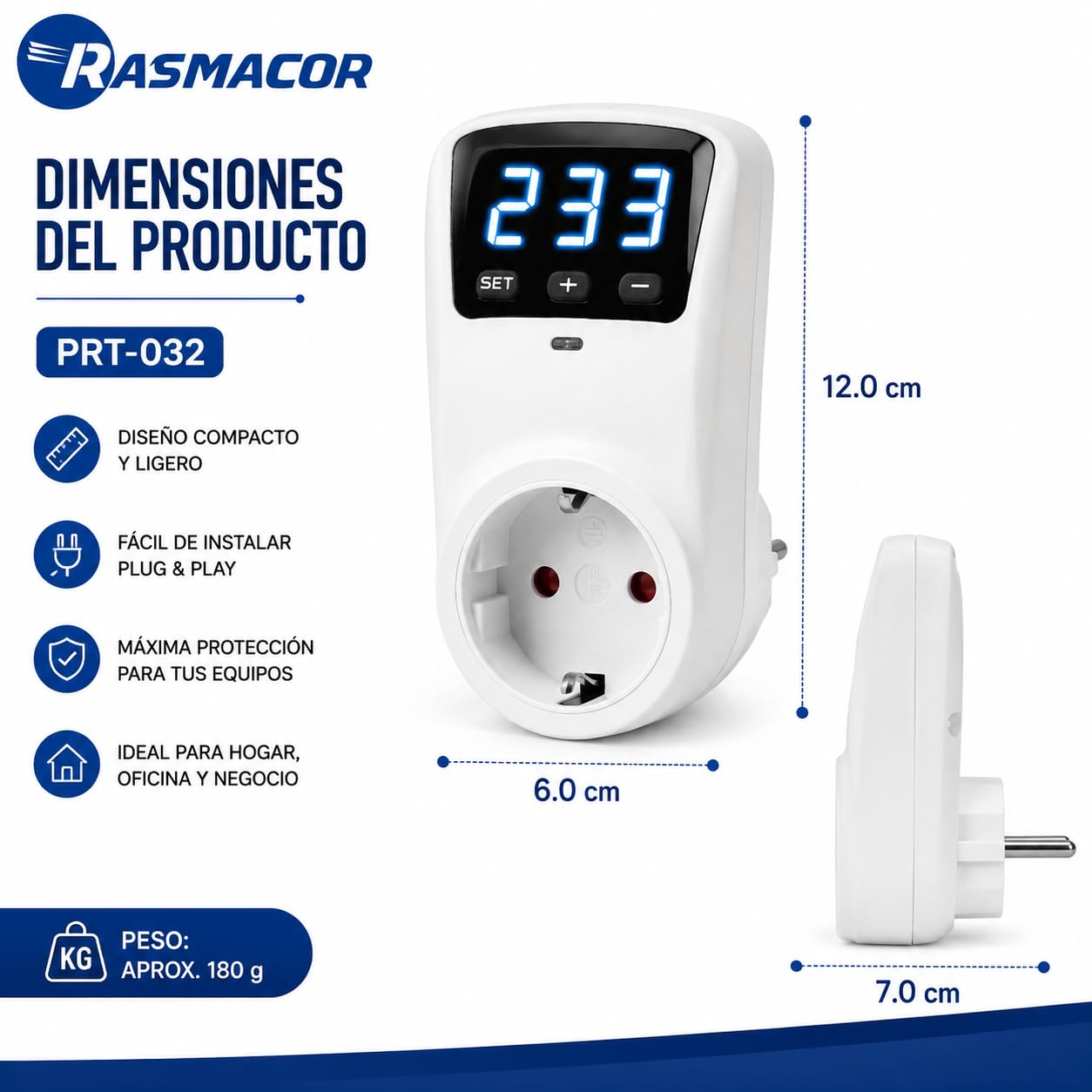 RASMACOR Protector de Voltaje Digital 16A 230V y 3680w con Enchufe | Protección contra Sobretensiones y Bajo Voltaje | Pantalla LED Digital para Electrodomésticos, Aire Acondicionado, Refrigerador