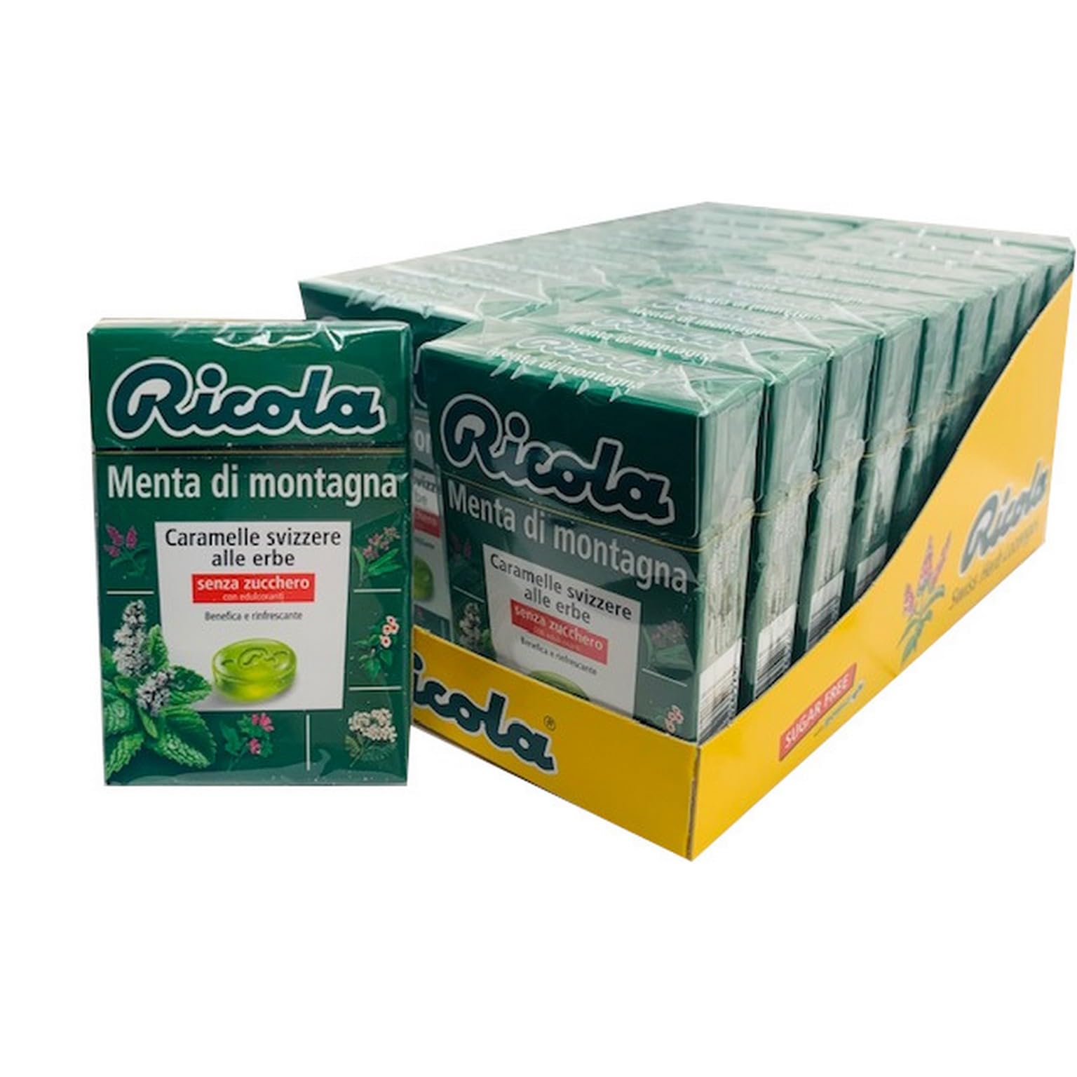 Italian Gourmet Schweizer Kräuterbonbons Bergminze ohne Zucker – 20x50g Vorratspack – Alpenkräuter Bonbons mit Minze, erfrischend für Hals & Atem, Großpackung + Italian Gourmet polpa