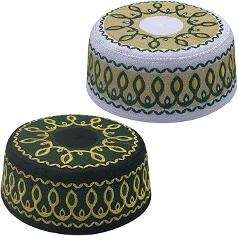 2Pcs Muslim Prayer Kufi Hats for Men Islam Beanie Skull Cap Embroidered Topi Round Cap Headwear Ramadan Eid GiftGreen+Yellow