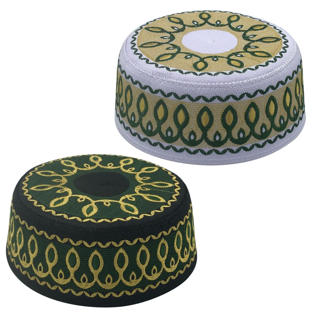 AKONNAS 2Pcs Muslim Prayer Kufi Hats for Men Islam Beanie Skull Cap Embroidered Topi Round Cap Headwear Ramadan Eid Gift(Green+Yellow), Green+yellow, One Size