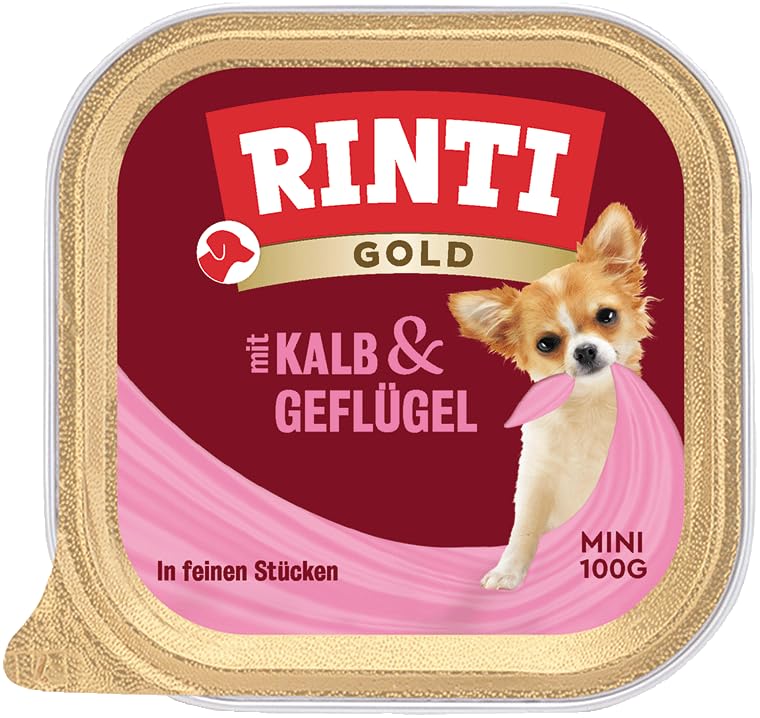 RINTI - Gold Mini | Comida húmeda para Perros pequeños y Adultos con 65% de Carne y despojos. Alimento Completo en Cuencos sin carbohidratos y aditivos Artificiales, 16 x 100 g de Ternera y Aves de