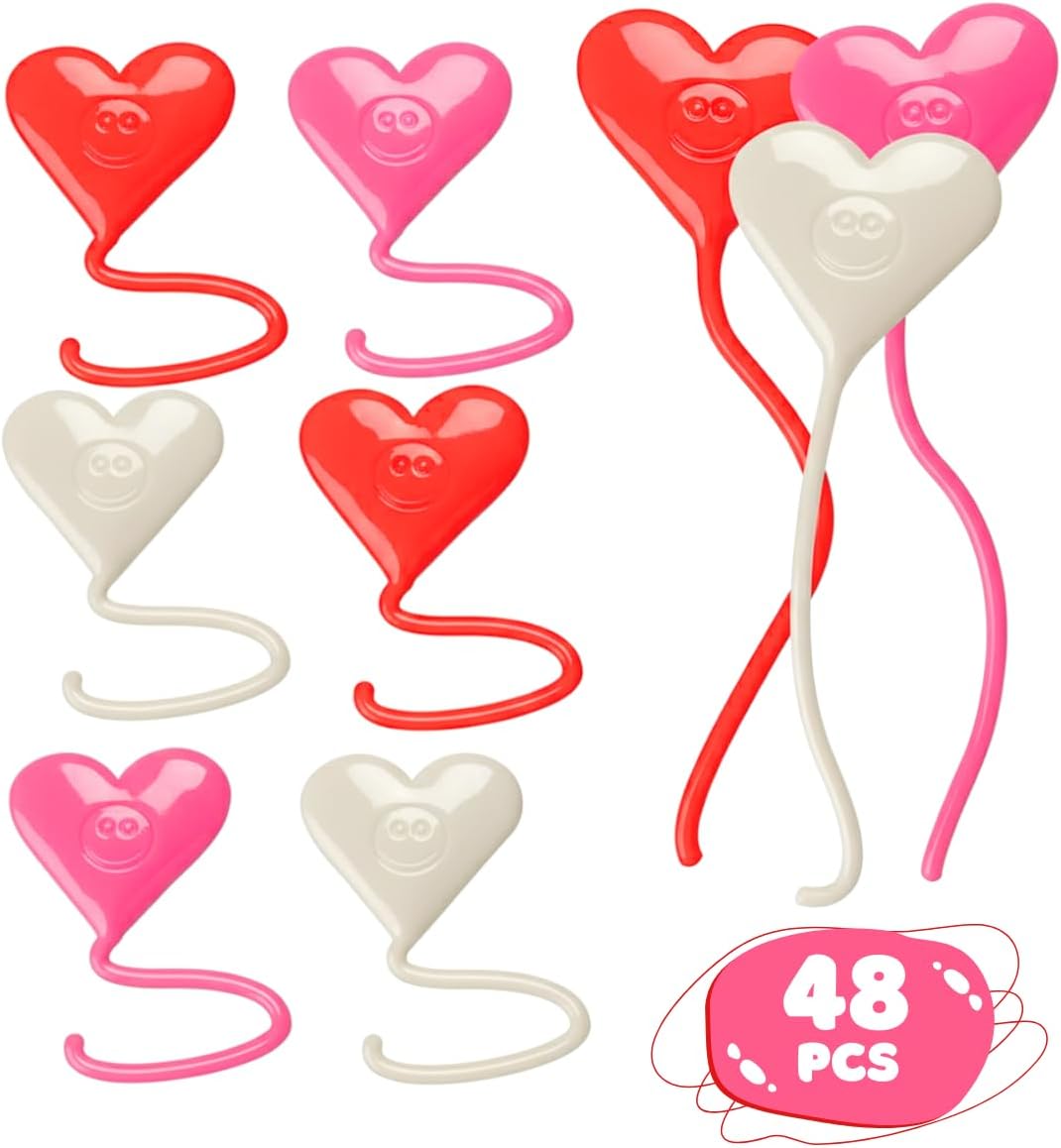 ArtCreativity 48 PCS Sticky Heart Strings - Valentine's Day Heart Slap Hands Toy with Smiley Face - Sticky Hearts Fidget Valentines Day Toys and Party Favors for Kids Bulk