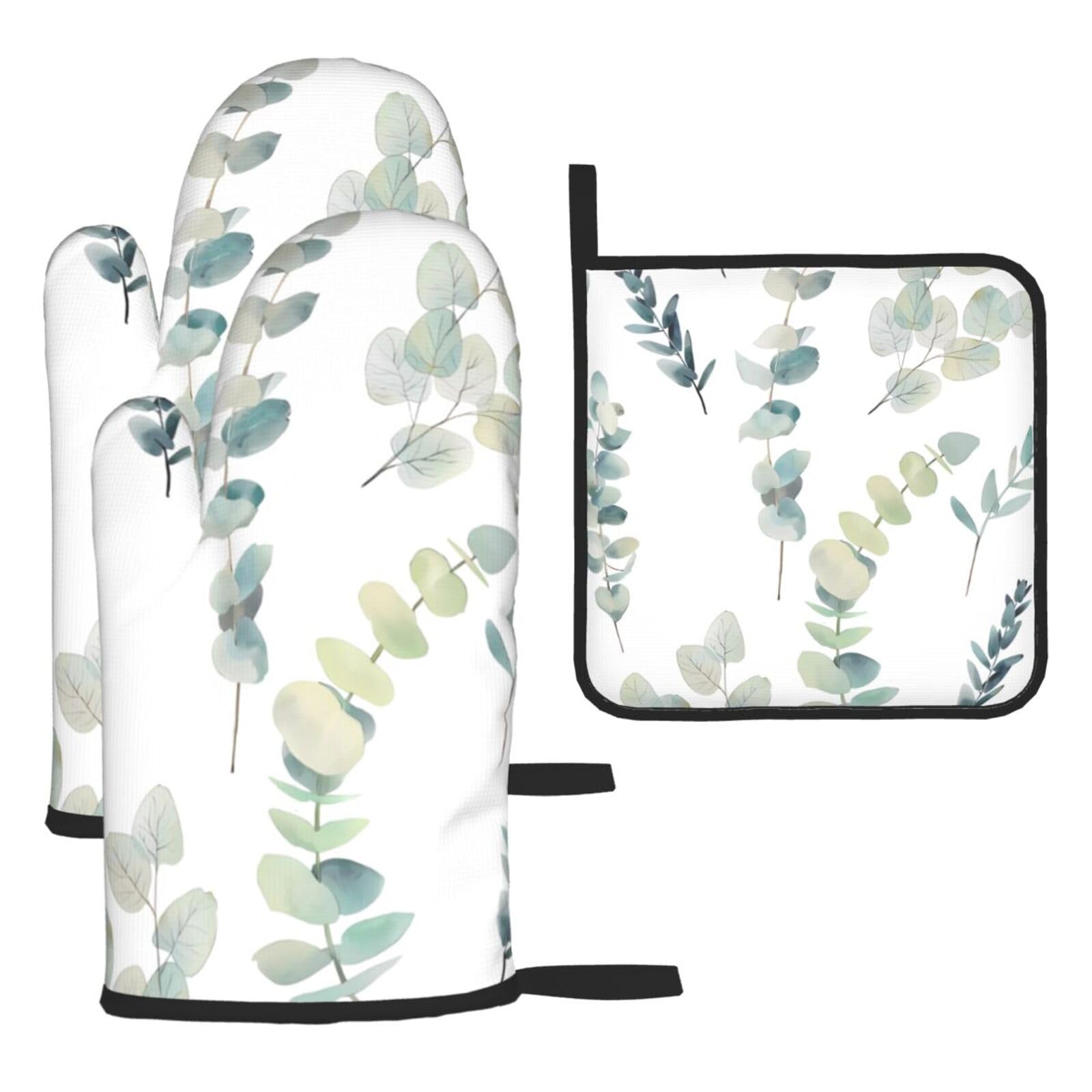 Lot De 4 Maniques Et Gants De Cuisine En Forme De Feuilles D'Eucalyptus - Isolants Jusqu'à 500°C - Antidérapants - 9