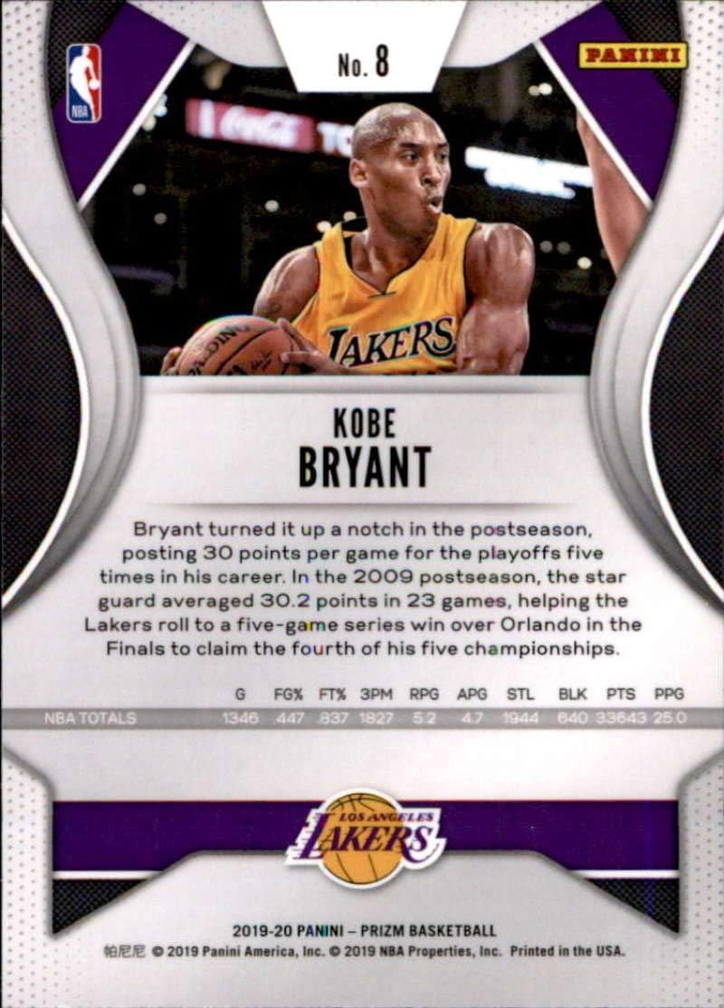 2019-20 Panini Prizm #8 Kobe Bryant Los Angeles Lakers Basketball Card