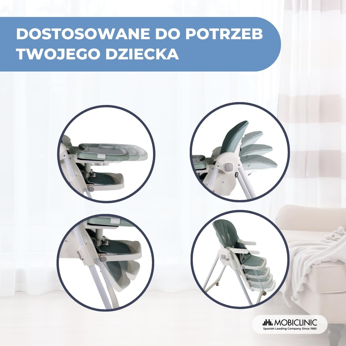 Mobiclinic®, Wysokie krzesełko dla dziecka, Evolutive, Dodatkowe składanie, Możliwość przekształcenia w wysokie krzesełko, Simba, 5-punktowe, Kółka z hamulcami, Podwójna wyjmowana tacka