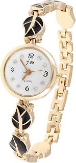 Qtqgoitem Gold Tone Black Leaves Design Chain Round Dial Bracelet Watch for Women (Model: de6 12d 2f2 577 e0c)