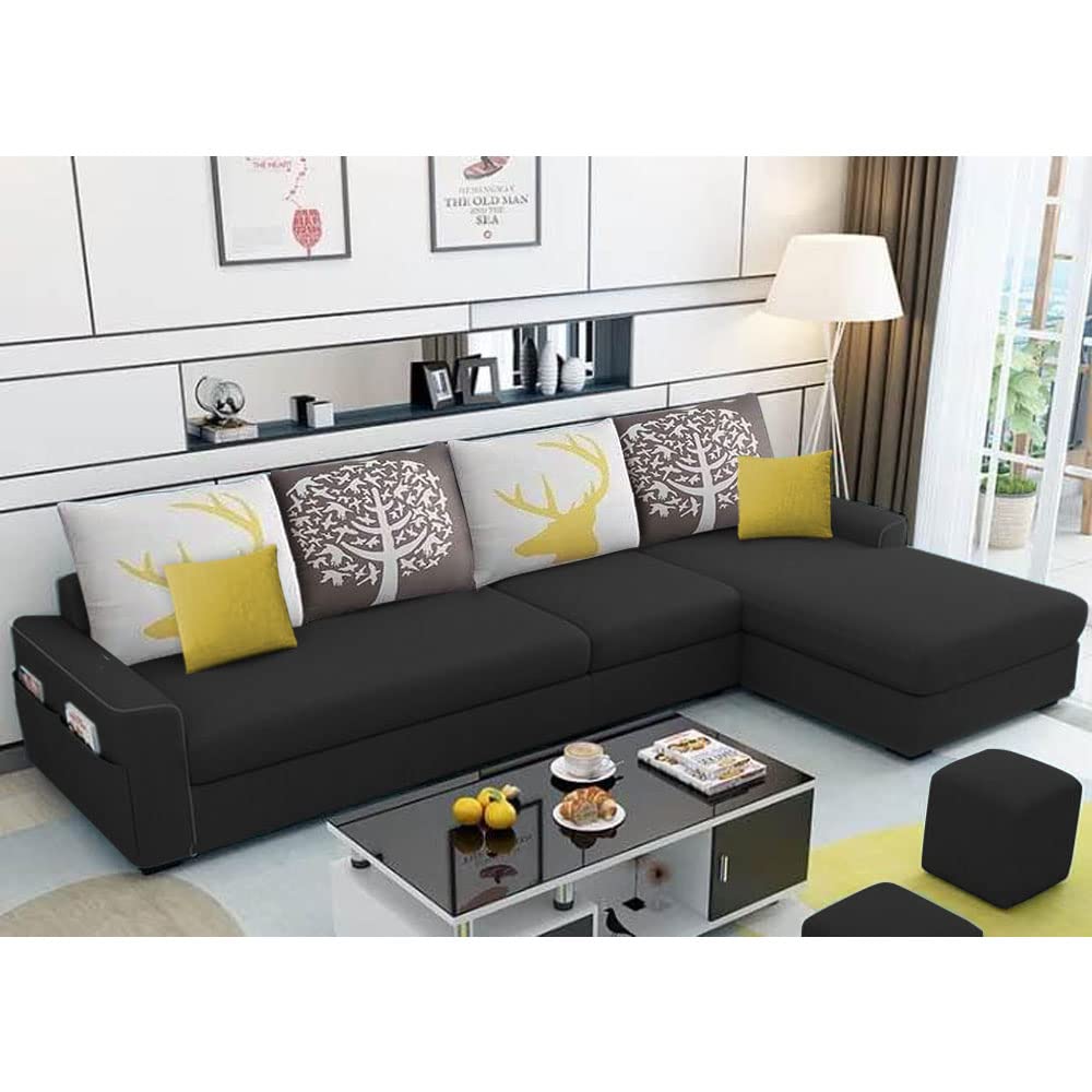 Braxton Samuel RHS 5 Seater L Shape Sofa Set for Living Room (Black Fabric)