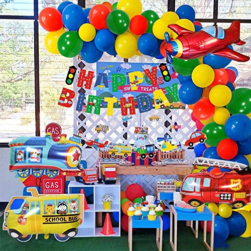 Yansion Construction Party Decorations Boys, Happy Birthday Banner Transport Vehicles Foil Balloons Plane Train Police Car School Bus Yacht Fire Truck Cake Toppers for Dump Truck Party Boys, Baby Shower, Boys 1st Birthday - Thumbnail 4