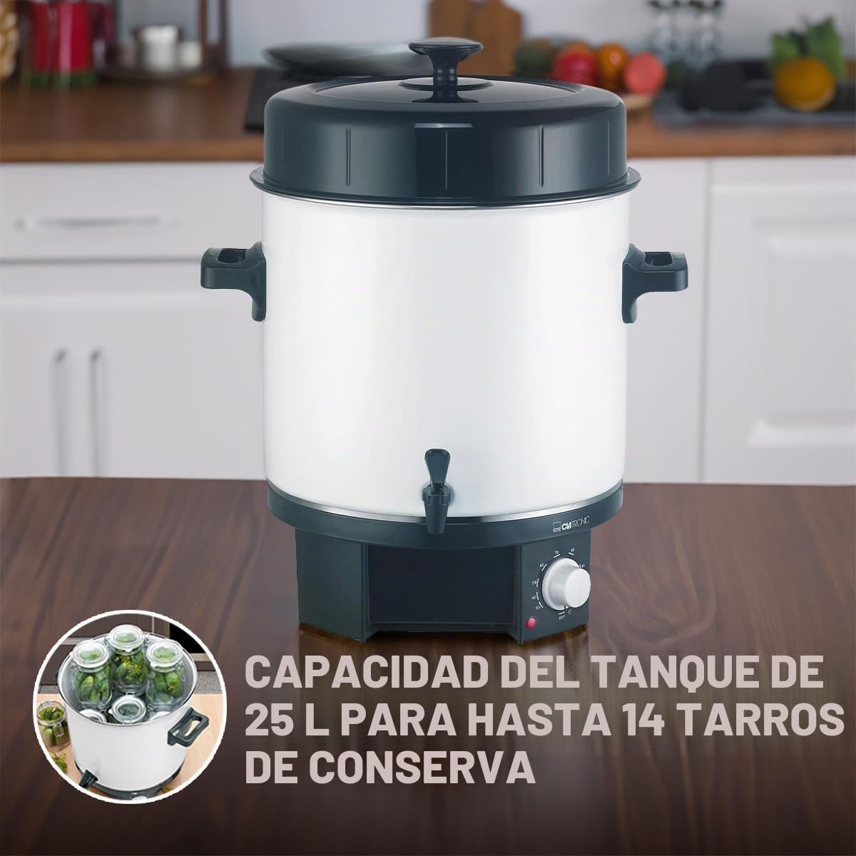 Máquina de cocción y bebidas calientes Clatronic® 2in1 con capacidad de depósito de 25L | para p. ej. vino caliente o ponche | Estufa de vino caliente con grifo de desagüe integrado | 1800W |EKA 3338