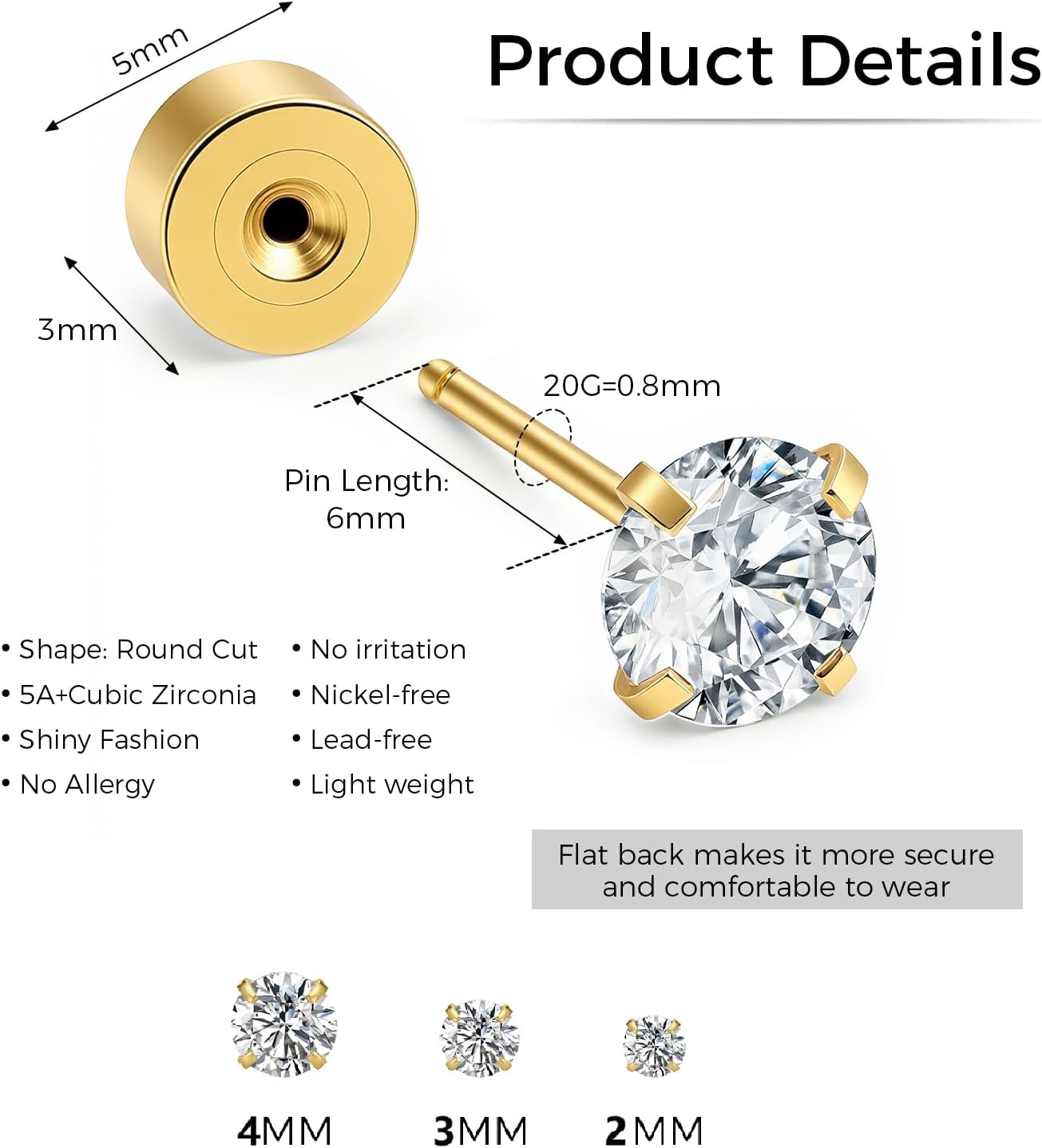 1Pair 20G 14K Gold Plated Screw Back Flat Back Studs – Surgical Steel CZ Round Diamond Cartilage Earrings for Helix Tragus Earlobe, Hypoallergenic Nickel-Free with 2 Flat Backs (Round & Flower) for Women Men (2mm 3mm 4mm)