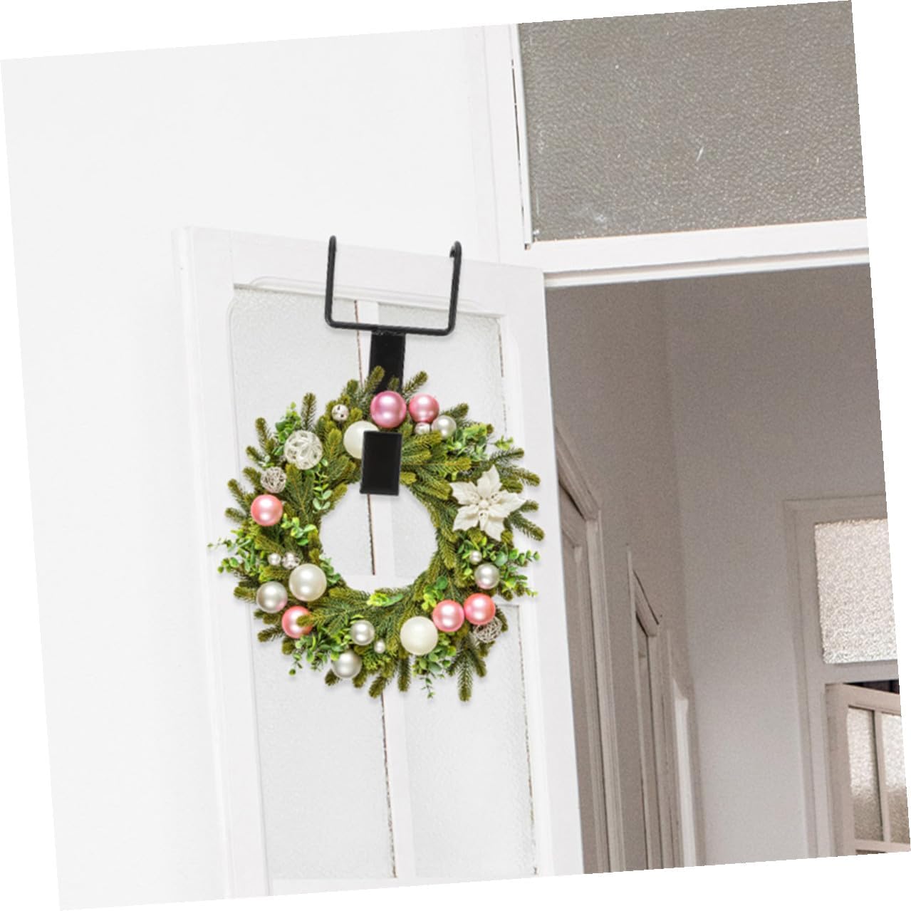 4pcs Black Wrought Iron Door Wreath Hanger Hooks for Garland and Christmas Decorations, Over-the-Door Cast Iron Hooks for Front Door Holiday Hanging