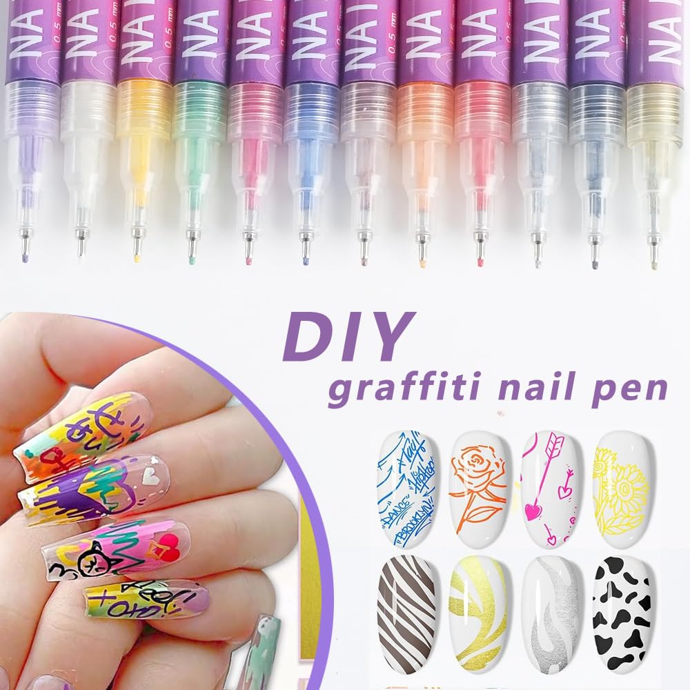 Stylos Nail Art-Pour unemanucure créative et sanseffort Kit Liner Ongle Enfant - Stylo Vernis à Ongles 3D Dotting Tool - 12 Couleurs - Crayon Blanc - Pointes Fines pour Nail Art Graffiti