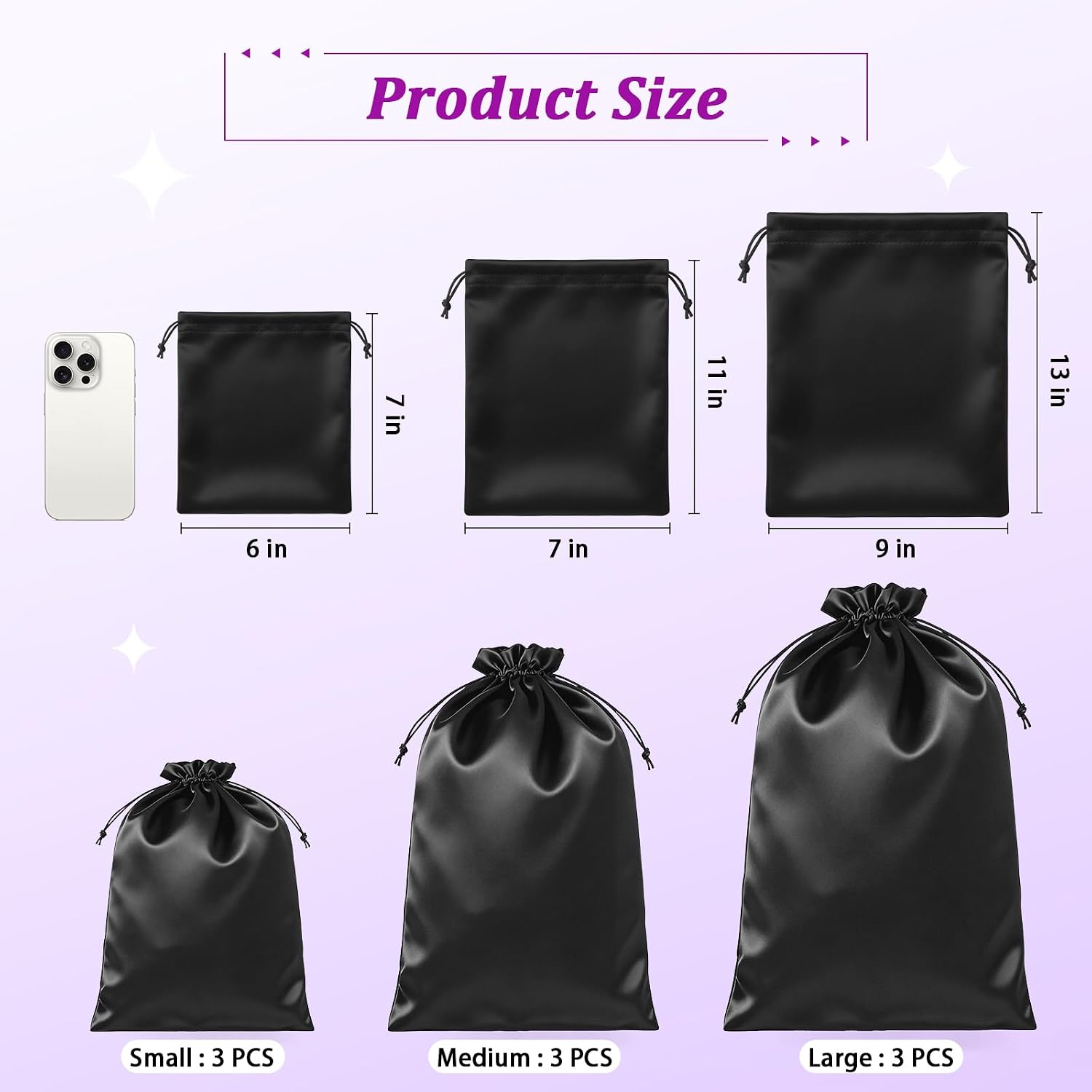 9 PCS Adult Toy Drawstring Pouch Bag, Hygienic Lining Satin Drawstring Adult Toy Storage Bags, Multipurpose Foldable Ditty Pouch for Women Men Game Toys Lens Glasses (3 Sizes, Black)