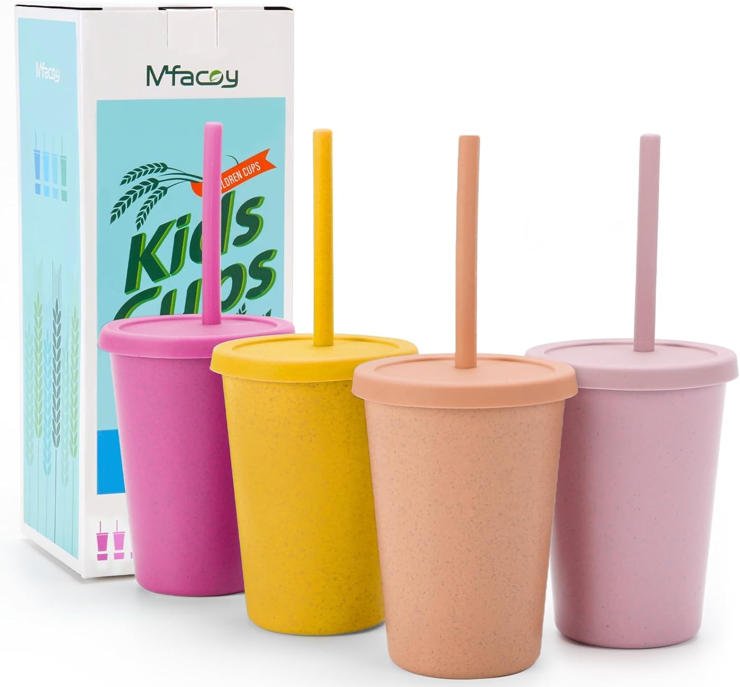 Mfacoy 4 Pack Wheat Straw Cups with Lid and Straws, 10 oz Unbreakable Kids Cup, Reusable Drinking Cups, Small Water Cup, Colourful Tumbler Cups for Kitchen, BPA Free, Dishwasher Safe – 4 Colours