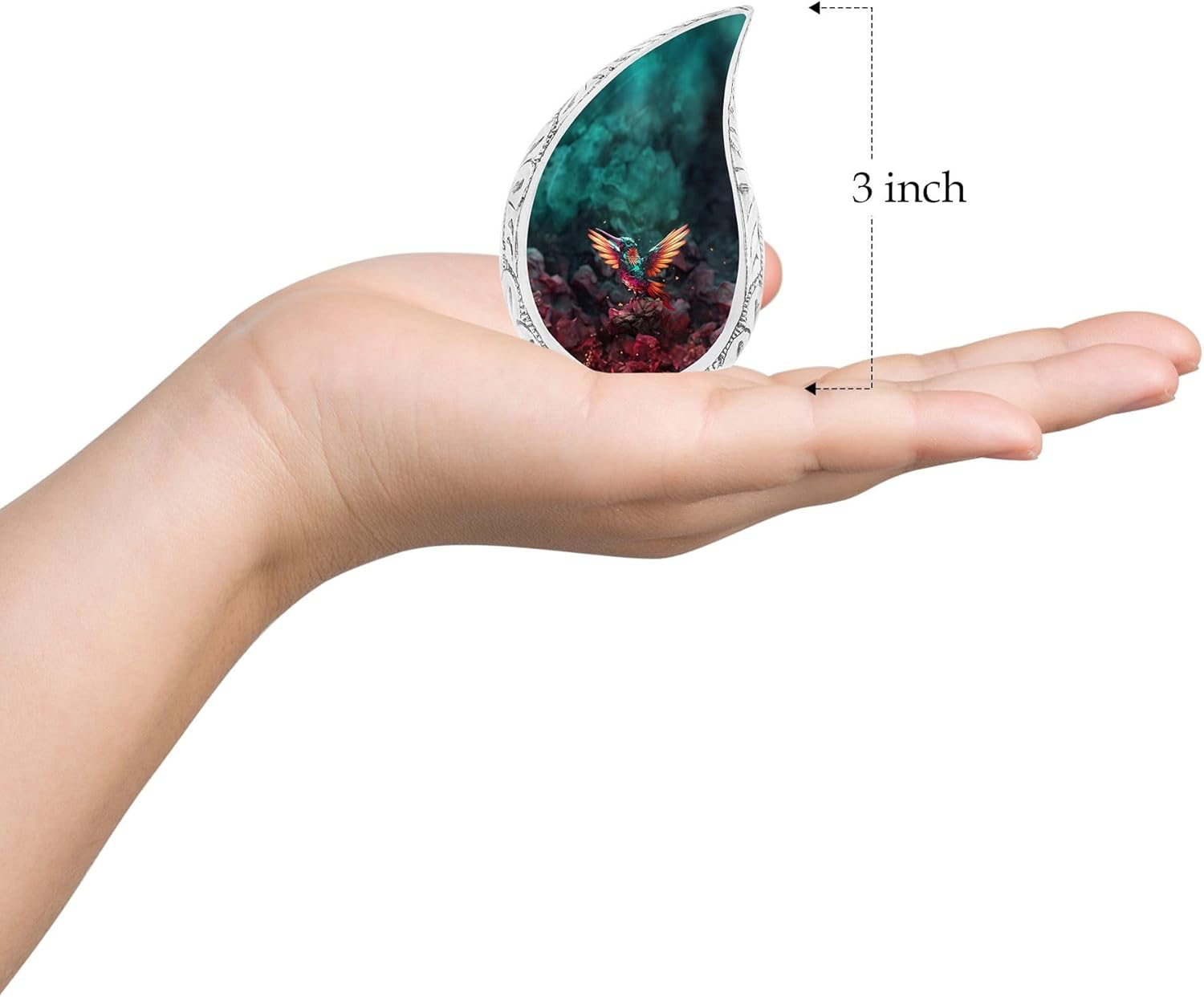 Humming Bird with Green Background - Teardrop Urns for Ashes - Adult Female Mom & Dad Keepsakes, 3 Inch, 2 Pcs