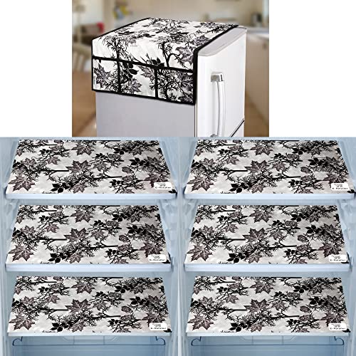 Image of Polyester 3-Layered Fridge Top Cover /Refrigerator Cover With Utility Pockets and Set of 6 Pc Fridge Mats (Color-Floral Black, Size-39x21 Inch)