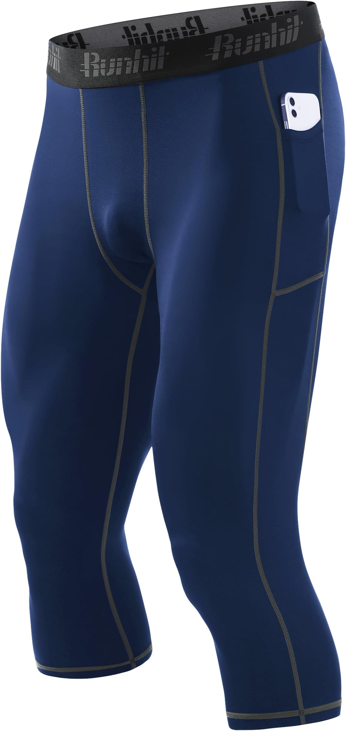 Men's 3/4 Compression Pants with Pockets，Athletic Leggings Running Capri Tights，Workout Basketball Gym Base Layer