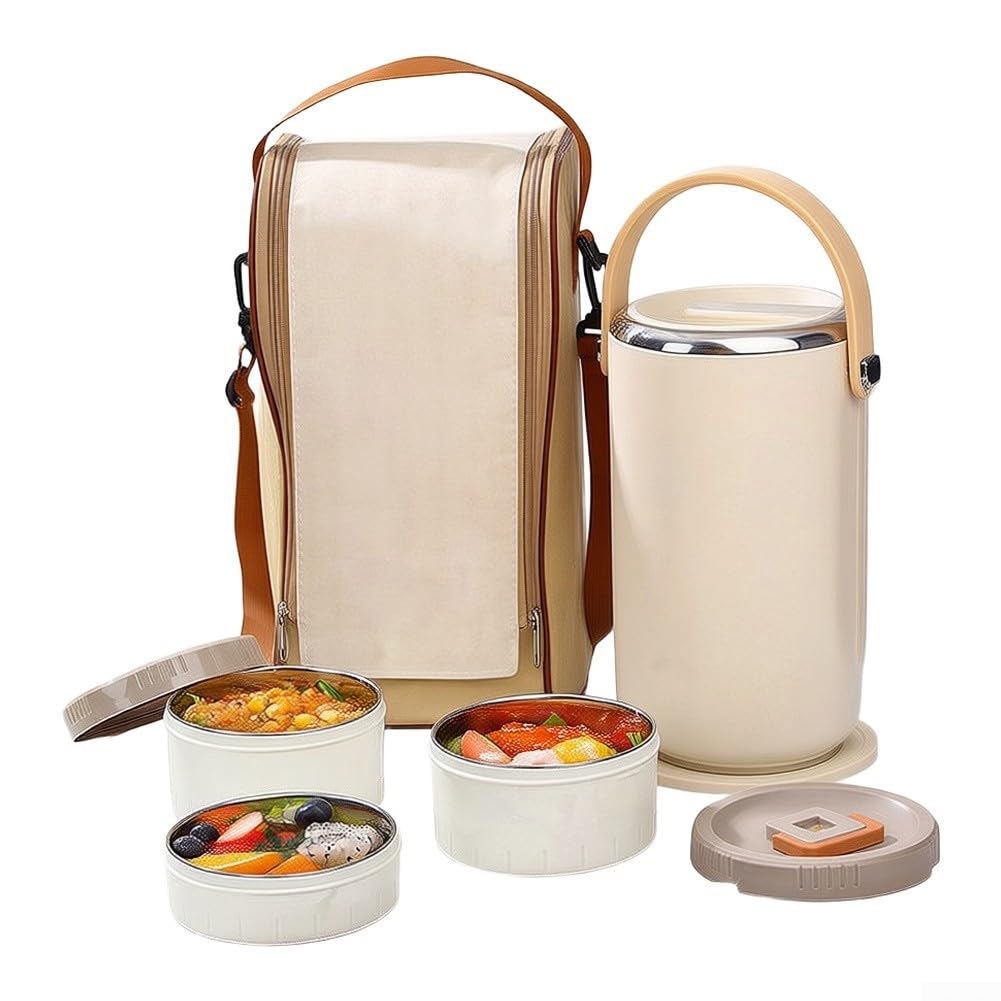 Boîte Lunch Isotherme 3 Niveaux 86oz Chaude Froide Boîte Lunch(White) | Isolation pour vide double paroi, chaud froid 6-8h, 3 niveaux séparés, 86oz total, pour idéal bureau école