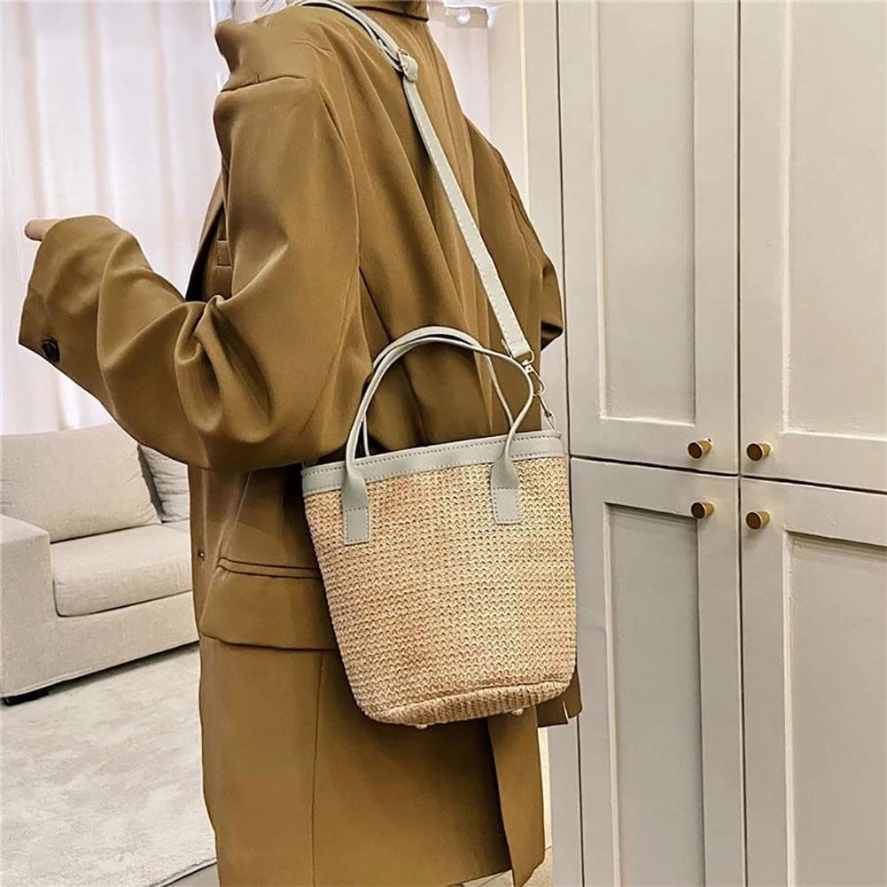 Torba Słomkowa Torebki Tkane Ze Słomy Damskie Wiadro Przenośne Uchwyty Na Co Dzień Wakacyjna Torba Ramię Crossbody Dla Kobiet(Gray belt)