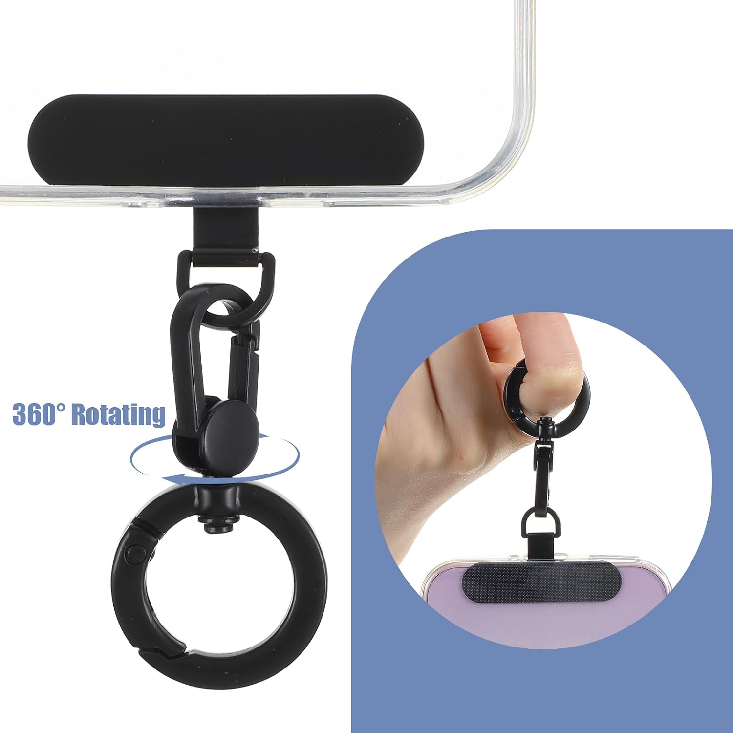 2 Pack Metal Phone Tether, Universal Phone Lanyard Pad, Cellphone Holder Tab, 360° Rotatable Spring Ring Holder, Strap Replacement Patch for CellPhone (Silver & Black)