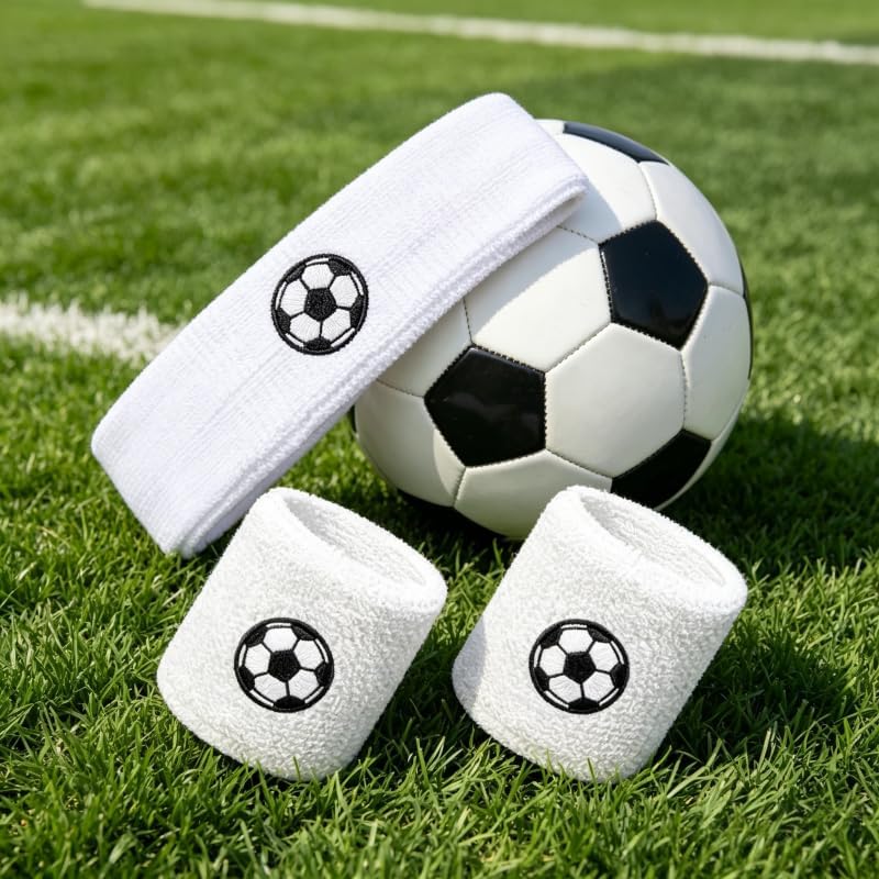 Sports Headband with Wristbands, White Soccer Pattern, High Elastic Sweatband for Basketball, Running & Fitness
