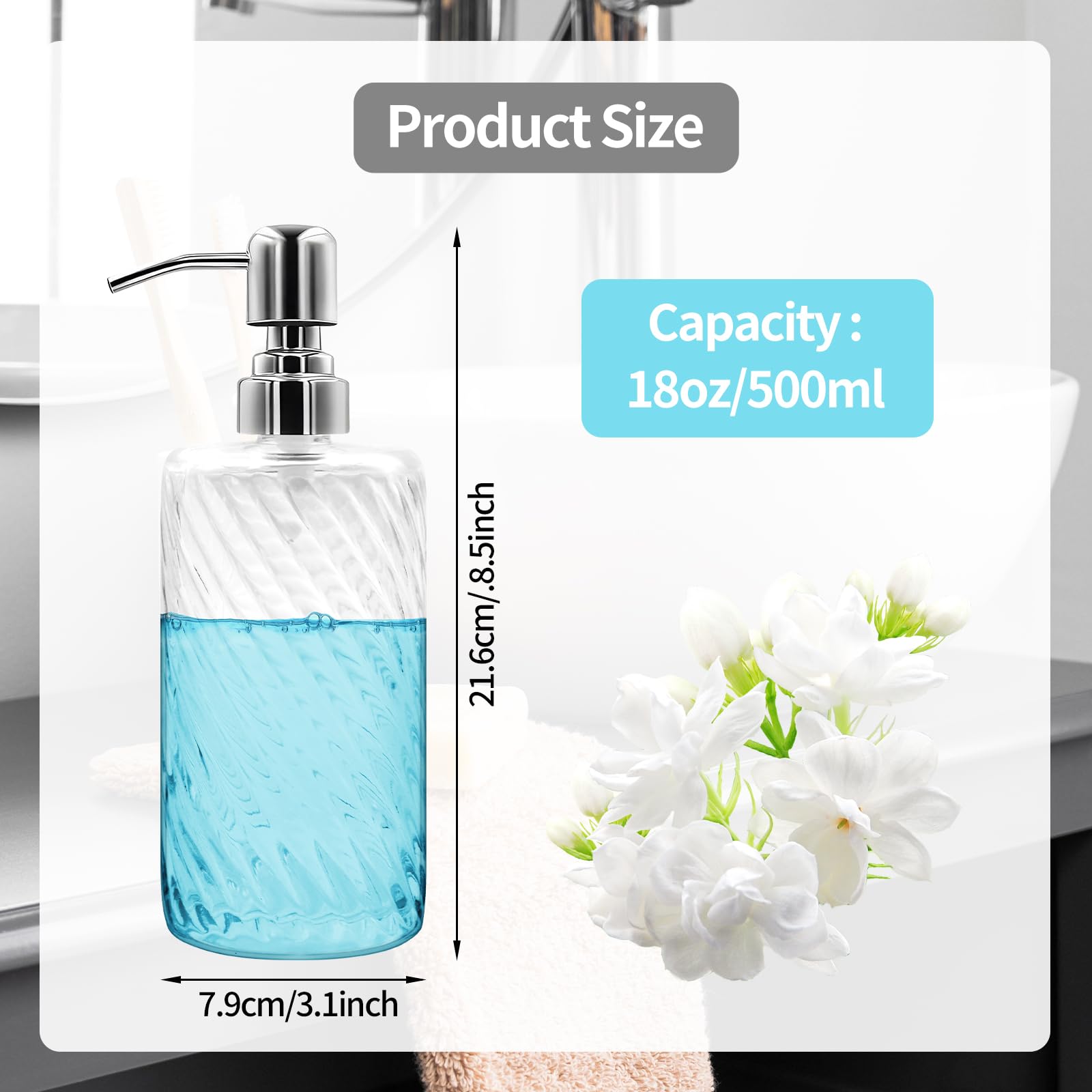 18 Oz Ribbed Glass Soap Dispenser with Stainless Steel Pump, Refillable Liquid Soap Bottle for Bathroom, Kitchen, Hand Soap, Dish Soap, or Lotion