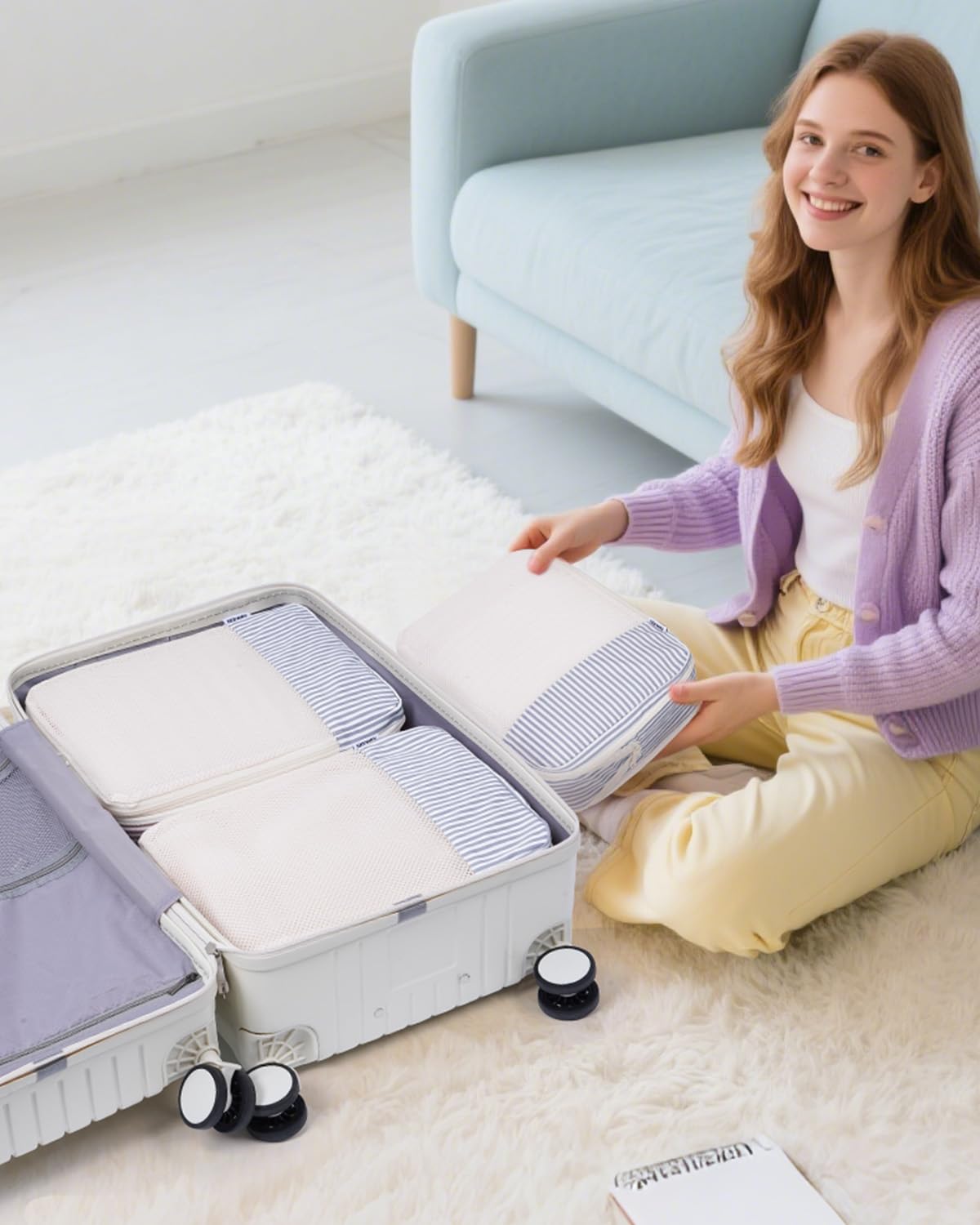 Narwey 6er-Set gestreifte Kompressions-Verpackungswürfel für Reisen, Damen, Kinder, Handgepäck, niedliche Pack-Organizer-Tasche für Gepäck, Koffer, Seesäcke, Rucksack (grau-blaue Streifen)