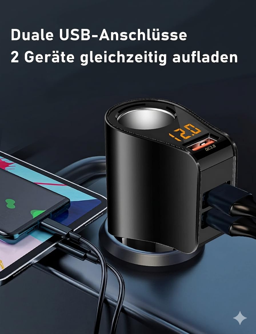 Rozdzielacz zapalniczki samochodowej 4 w 1, 80 W, ładowarka samochodowa z QC3.0 + 2 USB (3,1 A) i 12 V, woltomierz LED, zabezpieczenie przed przeciążeniem 12 V/24 V - do samochodów osobowych