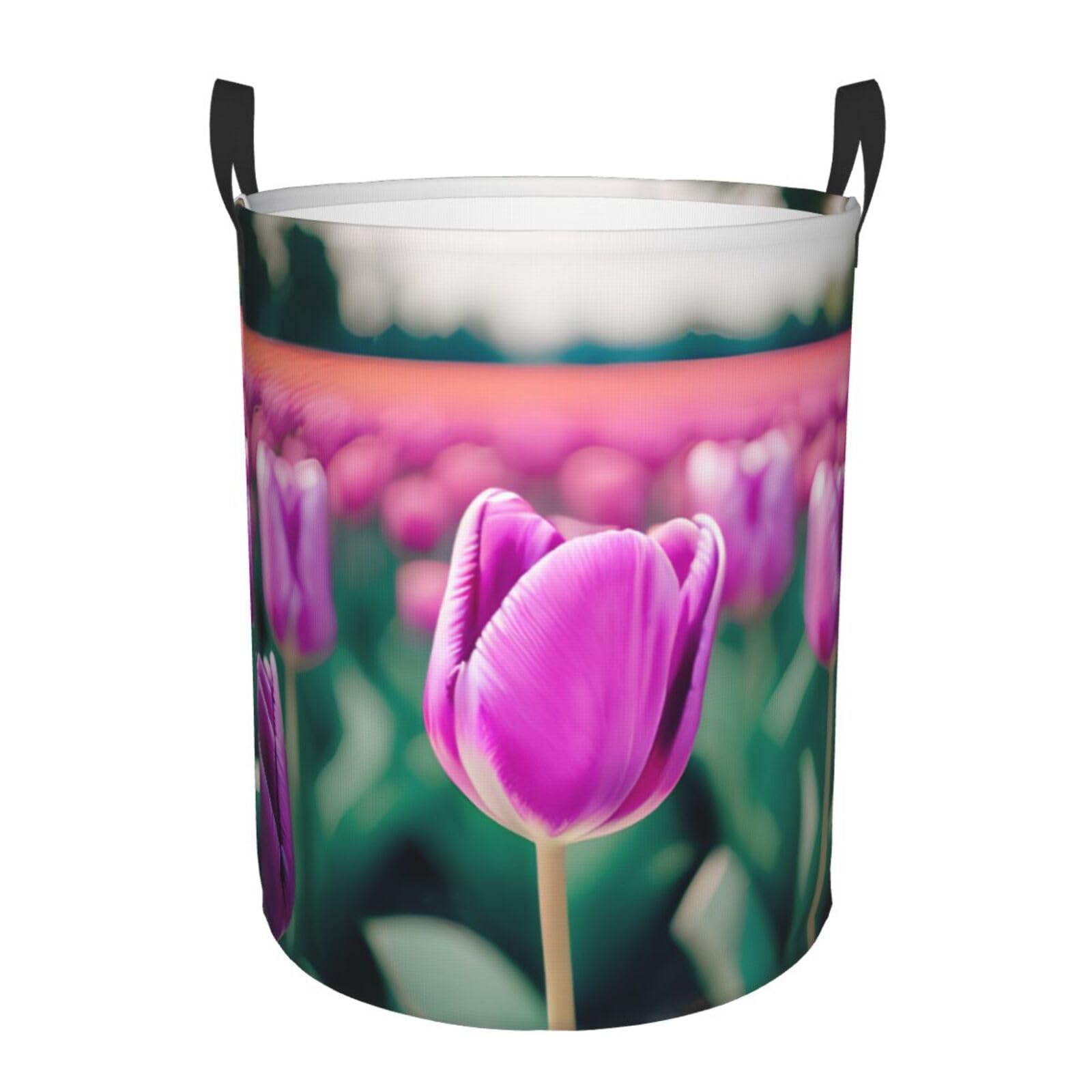 M Collapsible Round Purple Tulips Print Laundry Hamper