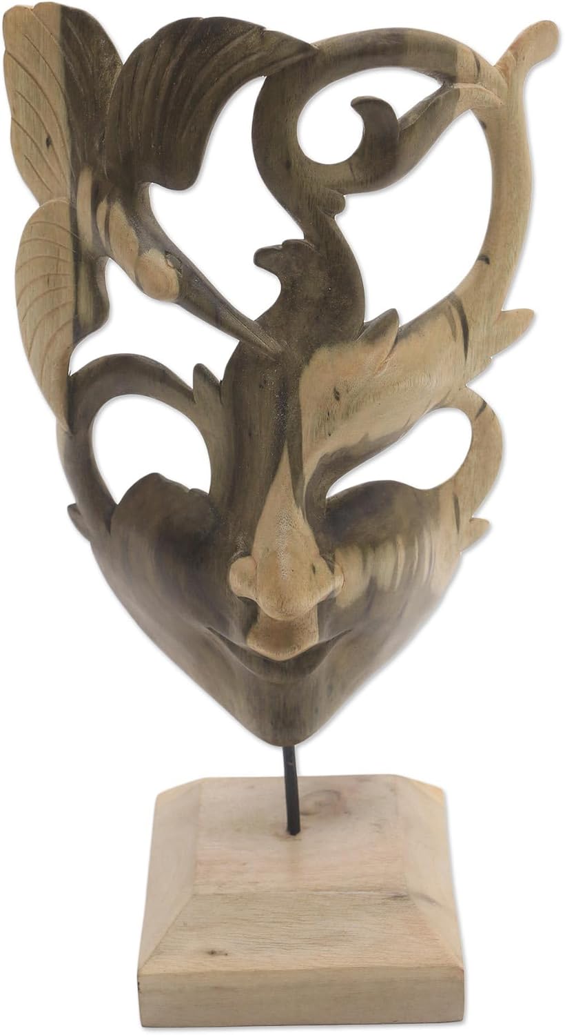 NOVICA Artisan Handmade Wood Mask Hummingbirdthemed Hibiscus from Bali Green Brown Indonesia Masks Animal Nature [12.25in H x 4.1in W x 4.1in D] ' Balinese Dancer'