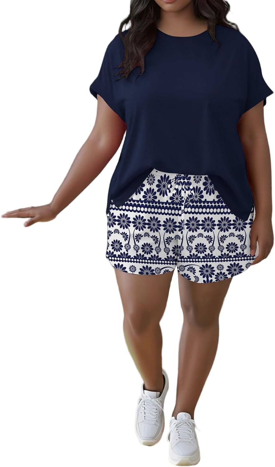 Tycorwd Women's Plus Size Two Piece Outfits Sweatsuits Sets Summer Oversized Tshirts Casual Baggy Print Shorts Tracksuit Sets