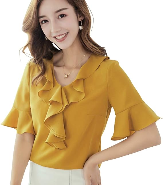 Amazon シャツ フリル ボリューム袖 シアー 半袖 オフィス 大人かわいい Mustard Mサイズ マスタード M シャツ ブラウス 通販