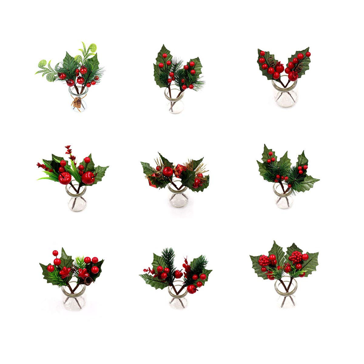 SUREH 9pick Holly Christmas Red Berries 6.5inch Artificial Red Holly Leaves Berry Picks Mini Red Berry Stems for Holiday Crafts Christmas Tree and Wreath