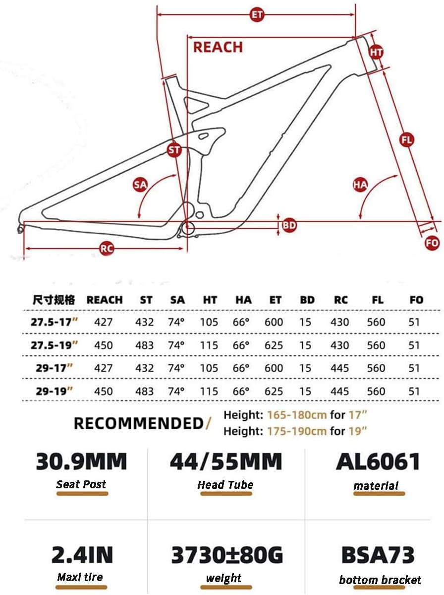 Hardtail Mountain Bike Frame 27.5 29inch Brake Aluminum Alloy Frame 148 * 12MM Thru Axle Full Suspension Frame 150mm Frame Travel (Color : Black, Size : 29x19'')