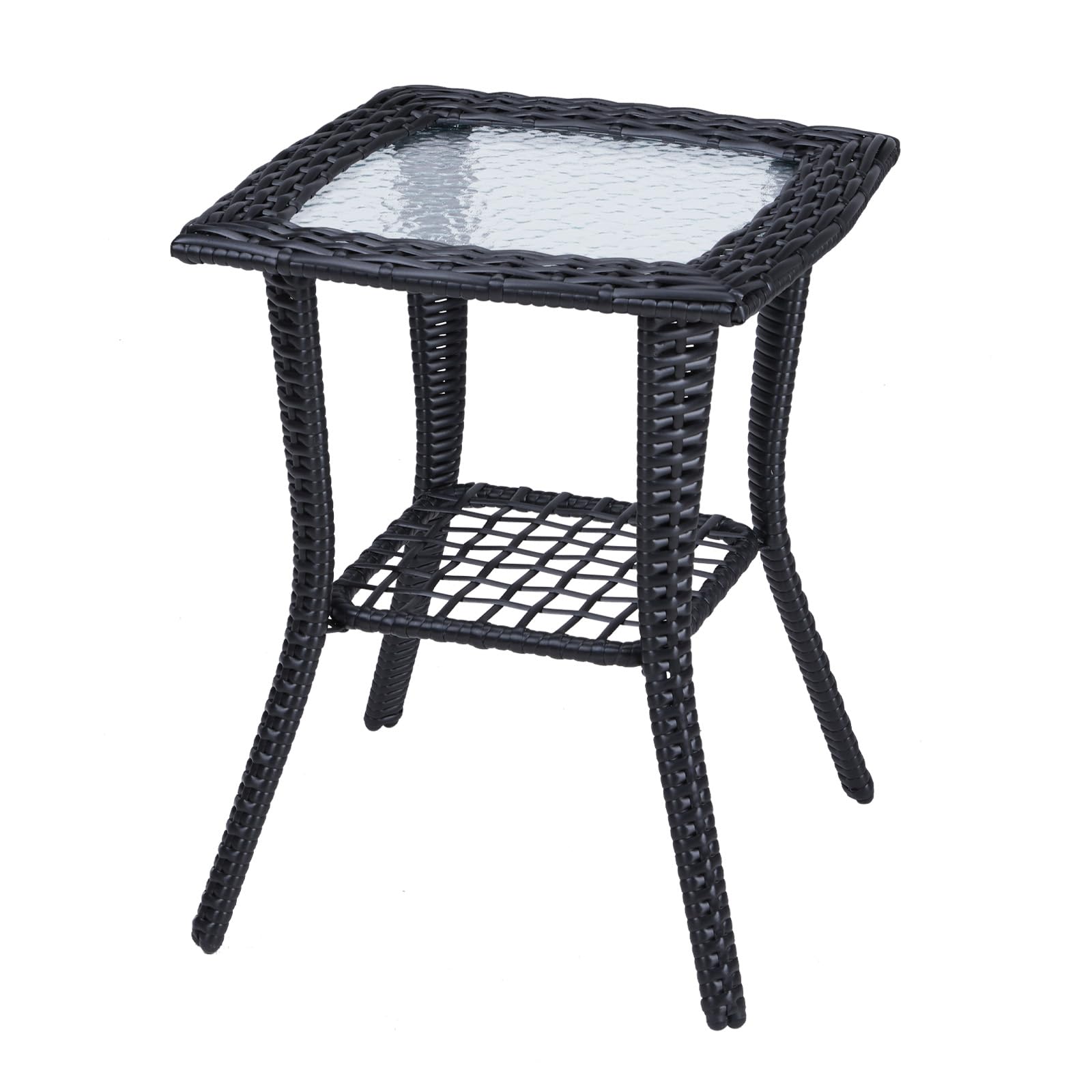 Outdoor Wicker Side Table, Rattan End Table with Glass Top, Patio Coffee Bistro Table for Indoor Garden Porch Balcony (Black)
