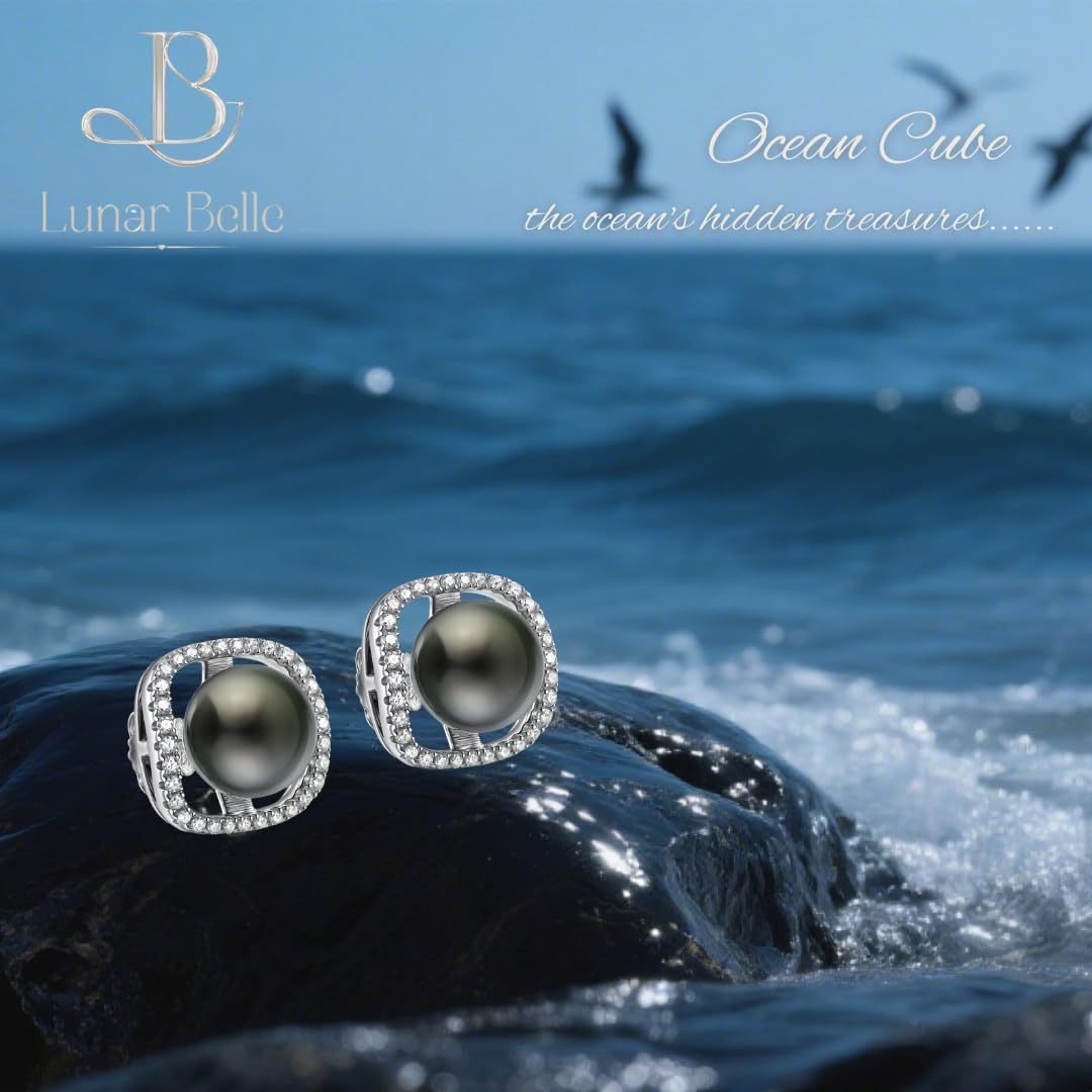 Lunar Belle Tahitian Black Pearl Halo Cube Stud Earrings with Moissanite Accents in Sterling Silver, Statement Jewelry Gifts for Women (Ocean Cube) - Image 6