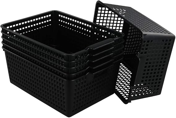 6 Pack Large Storage Baskets, Black Plastic Storage Basket Set