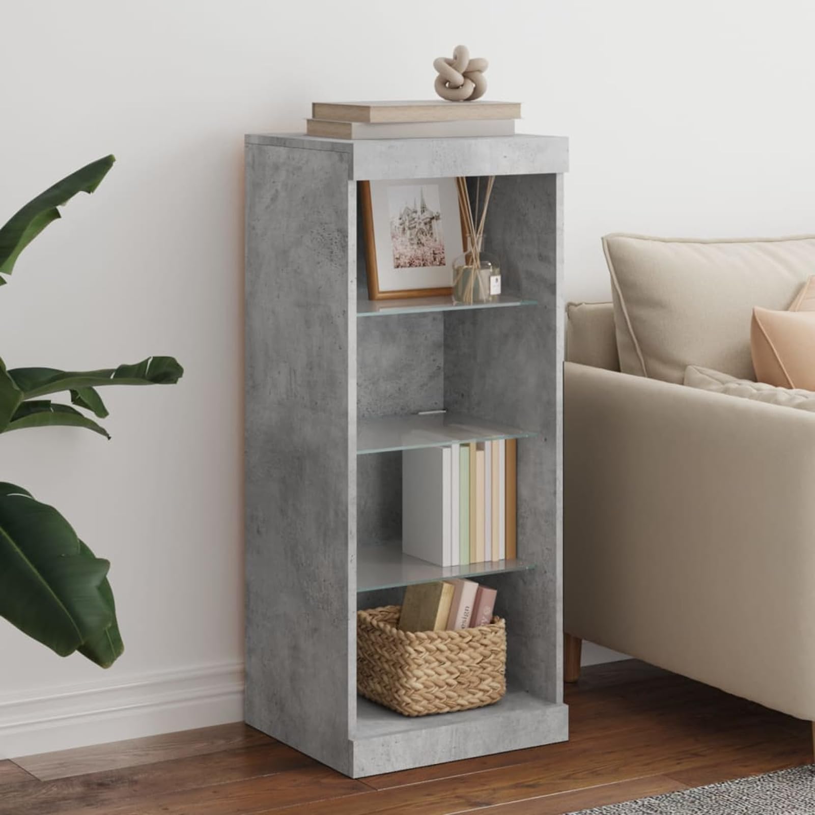 Homgoday Buffet avec lumières LED Gris béton 41 x 37 x 100 cm Armoire latérale Armoire de rangement pour salle à manger, salon, couloir et cuisine, mobilier de bureau à domicile