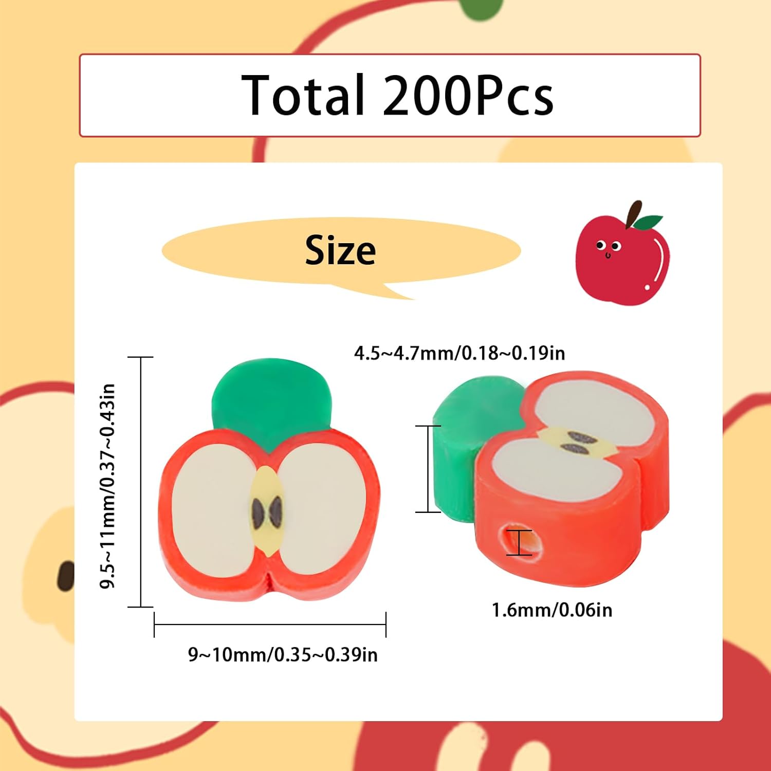 SUNNYCLUE 1 Box 200pcs Polymer Clay Beads Fruit Red Apple Beads Fruit Clay Bead Apple Slice Shape Loose Beads Fruits Theme Spacer Beads for Jewelry Making Bracelet Keychain Necklace Adult Gift - Image 2