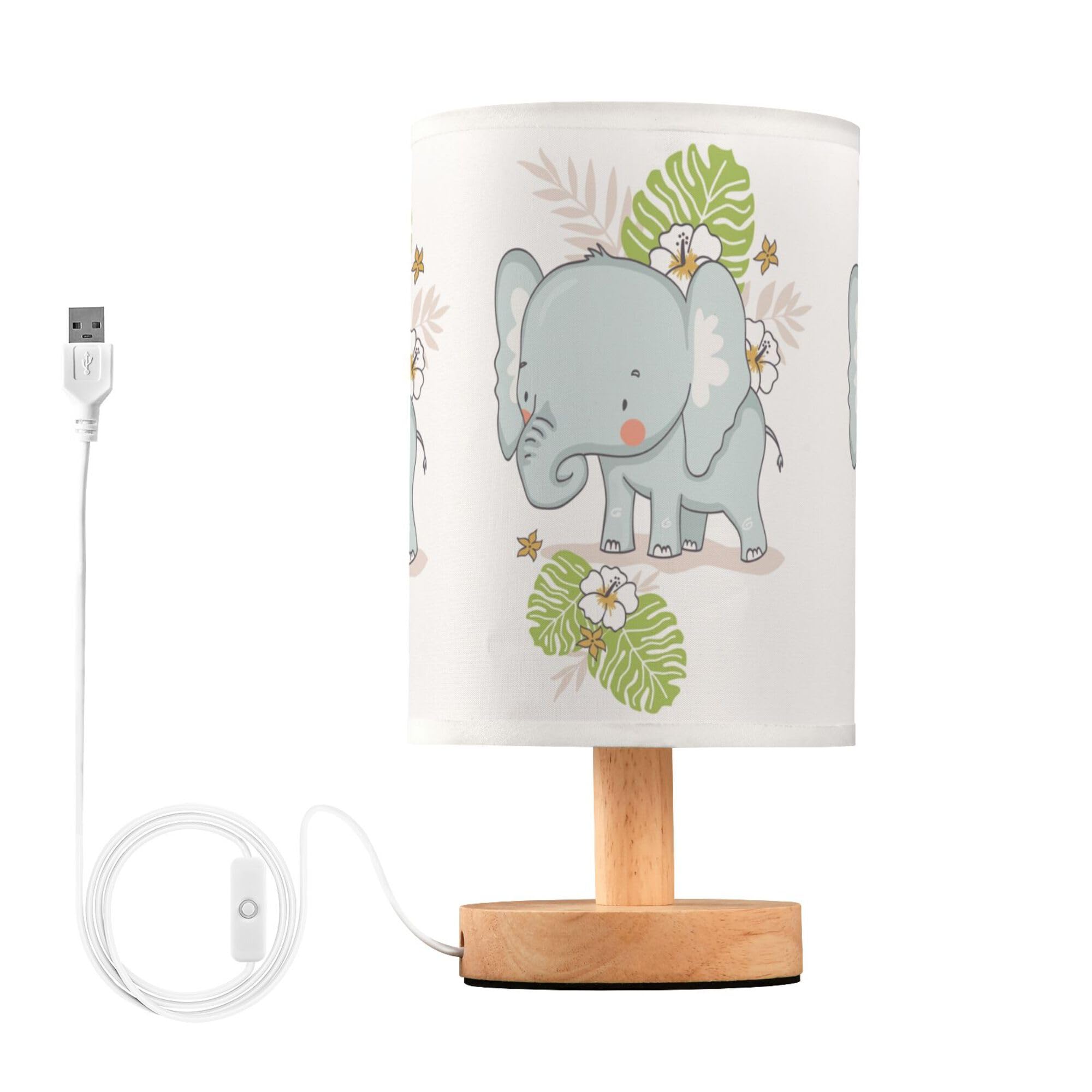 YYZZH Table Lamp Cute Elephant Floral Jungle Monstera Palm Leaf Tropical Animal Nightstand Lamp with Wood Base Fabric Lamp Shade Bedside Desk Lamp for Living Room Bedroom Kids Room Office