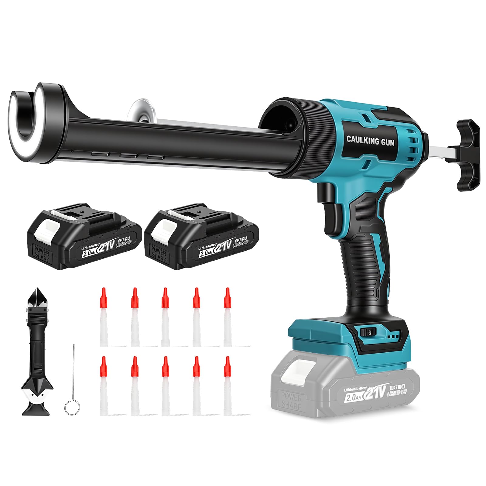 Pistola per Cartucce a Batteria Compatibile con Makita 18V, Pistola per Silicone con 2 Batterie e Caricabatterie, Elettrica 300ml, Luce LED, 6 Velocità, Set 6in1 Lisciatore per Giunti e Ugelli Incluso