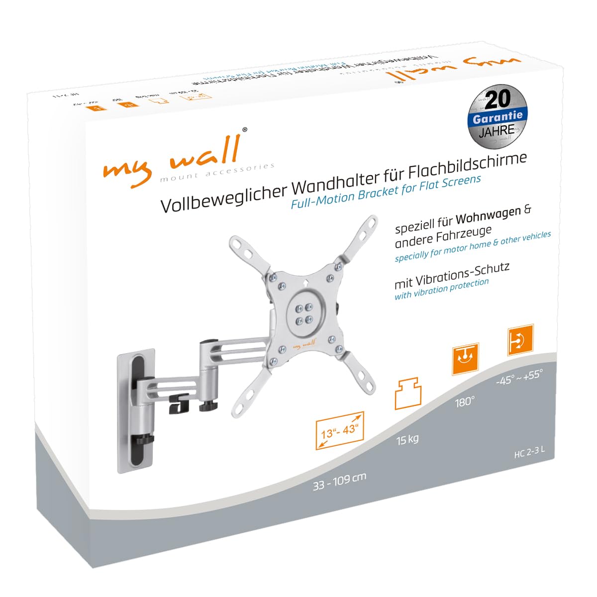 my wall Supporto da parete per TV per camper – HC2-3L, supporto da parete per TV per camper e roulotte, orientabile, inclinabile, compatibile VESA