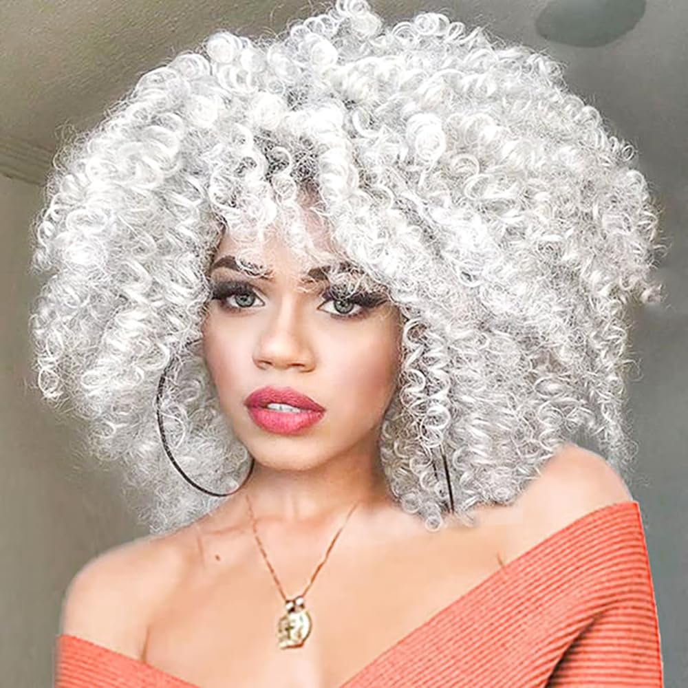 PORSMEER 14 Inch Kinky Curly Wigs for Black Women Afro Bomb Curly Wig with Bangs Synthetic Fiber Glueless Long Deep Wave Hair (White)