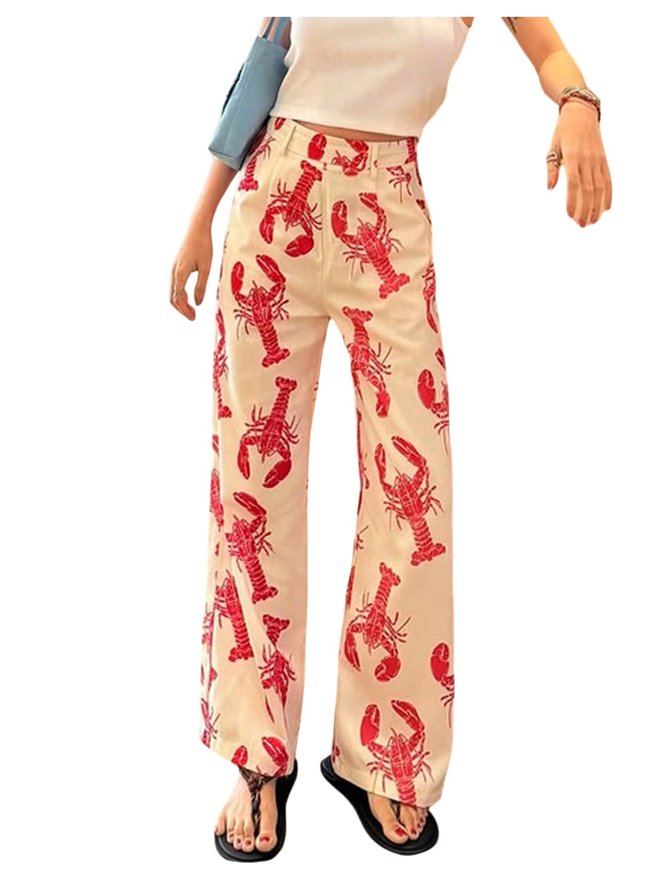MakeMeChic Womens Palazzo Lounge Pant Crayfish Print High Waisted Casual Wide Leg Trouser with Pockets
