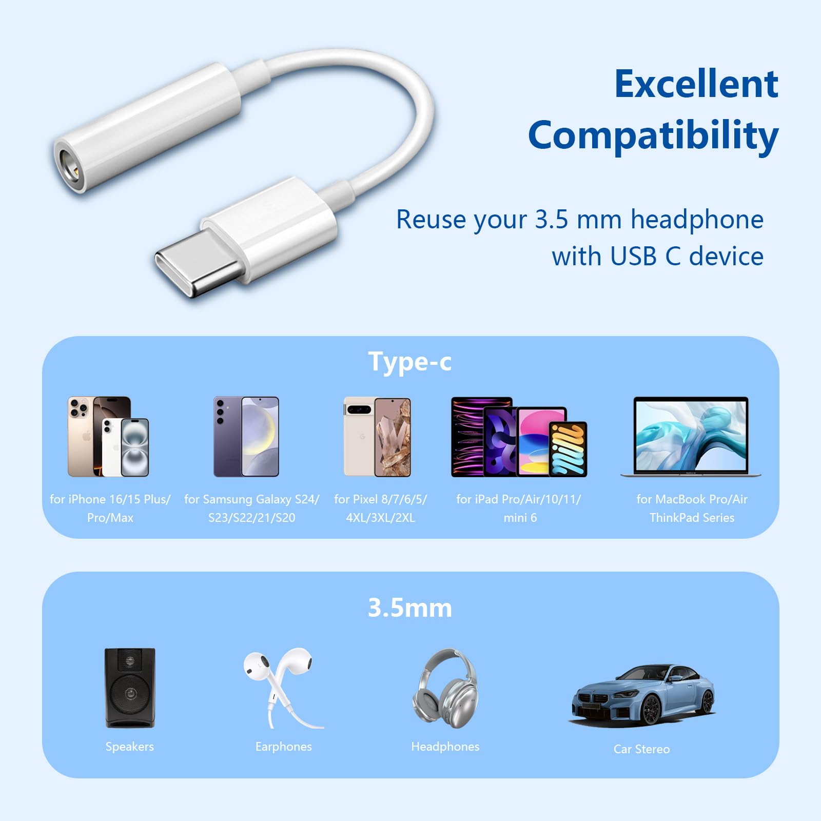 Confezione da 5 adattatori da USB C a jack per cuffie da 3,5 mm tipo C, cavo audio Aux compatibile per iPhone 16/15/15 Plus/15 Pro/15 Pro Max/iPad/Pixel, Samsung Galaxy S23 S22 S21 S20 Ultra Z Flip