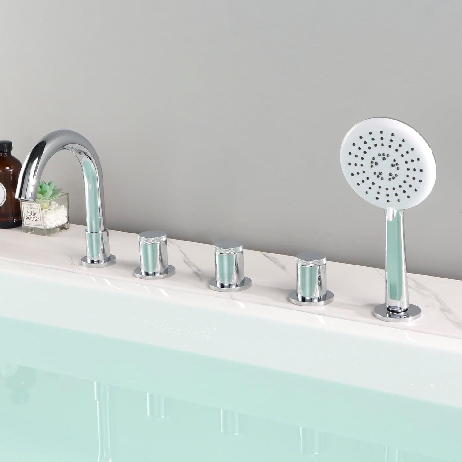 5 Hole Bath Faucet Chrome Roman Bath Faucet Set, 5 Piece Deck Mount Tub ...