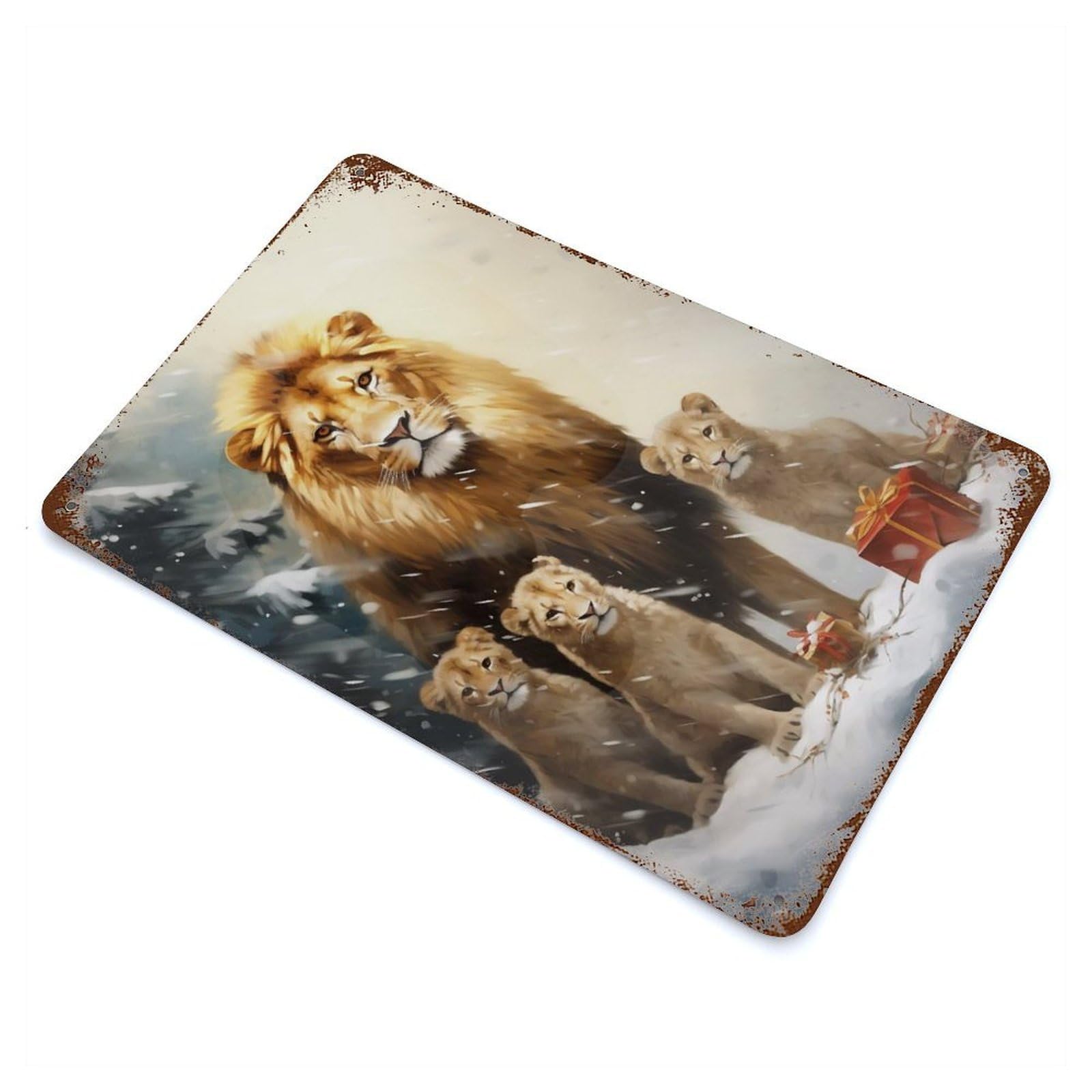 Distressed Metal Wall Sign Cute Lion Family Xmas 11.8"x7.9", Vintage Wall Decor for Garage, Bar And Workshop Decor