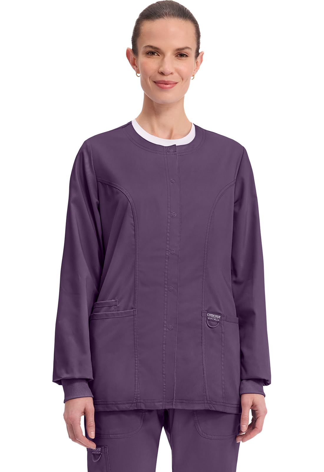 Cherokee Womens Scrub Jacket Nurse Snap Front Medical Uniform with Pockets 2-Way Stretch Easy Care Soft Fabric -